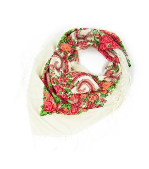 Дамски шал в бяло и червено с ресни снимка