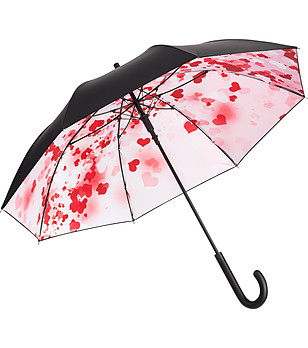 Дълъг чадър с UV защита в черно и розово на сърца снимка