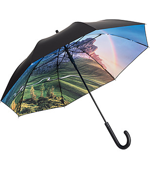 Дълъг чадър с UV защита в черно с планински принт снимка