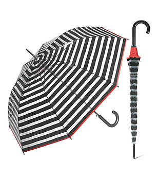 Прозрачен чадър на черни райета и червен кант снимка