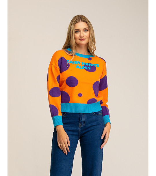Дамски пуловер в оранжево, лилаво и синьо снимка
