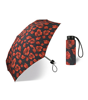 Ултра компактен и лек - мини плосък сгъваем чадър в черно с принт макове снимка