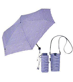 Компактен и лек мини чадър с UVP 50+ на каре в синьо и бяло снимка