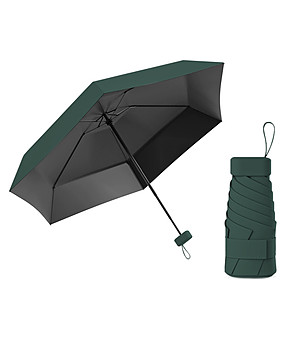 Тъмнозелен дамски сгъваем чадър с калъф за съхранение снимка