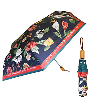 Стъваем тъмносин чадър с флорален принт  снимка