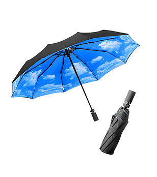 Двупластов сгъваем чадър в черно и синьо  снимка