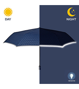Компактен мини сгъваем чадър в тъмносиньо със светлоотразителен кант снимка