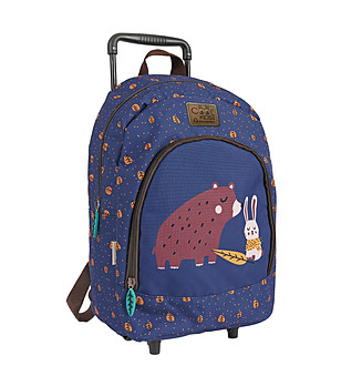 Тъмносиня раница на колелца - Detachable trolley and backpack - Adjustable padded shoulder straps - Ecologic material - Bear and rabbit снимка