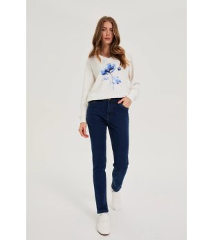 Дамски памучни еластични тъмносини дънки снимка