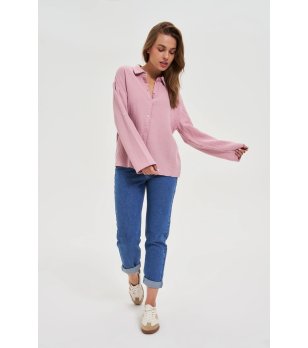 Дамска памучна розова риза с яка снимка