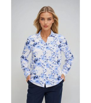 Дамска бяла риза с флорален принт в синьо снимка