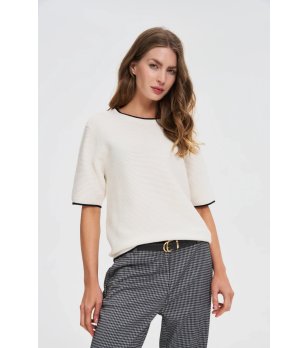 Дамски пуловер в екрю с контрастен кант Wella снимка