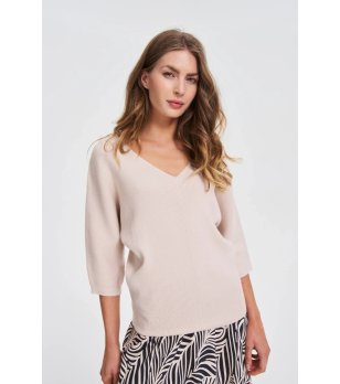 Дамски бежов пуловер с V-образно деколте Vikka снимка