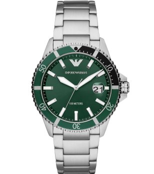 Аналогов мъжки часовник в сребрсто със зелен циферблат снимка