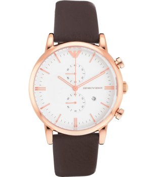 Мъжки аналогов часовник с розовозлатист корпус и кафява кожена каишка снимка