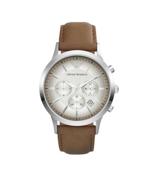 Мъжки часовник хронограф в сребристо с кафяв кожена каишка снимка