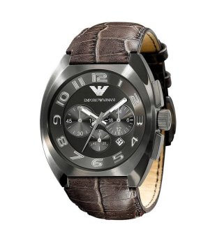 Мъжки аналогов часовник в черно с кафява кожена каишка снимка