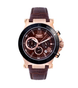Аналогов часовник хронограф в розовозлатисто с кафява кожена каишка снимка