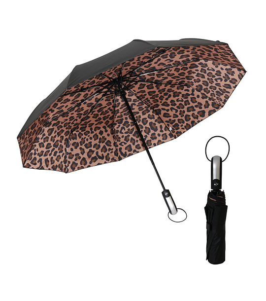 Черен сгъваем чадър с леопардов принт от долната страна снимка