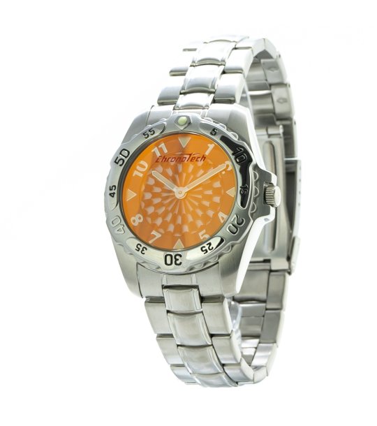 Аналогов часовник в сребристо с оранжев циферблат снимка