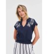 Дамска памучна тъмносиня блуза с бродерия-3 снимка