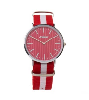 Аналогов унисекс часовник с каишка в бяло и червено снимка