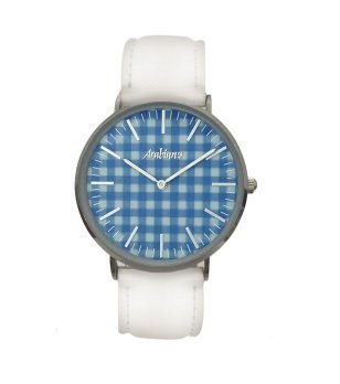 Аналогов унисекс часовник с бяла каишка и син кариран дисплей снимка