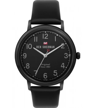 Аналогов черен мъжки часовник с кожена каишка снимка