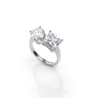 Сребрист пръстен с два камъка размер 16 снимка