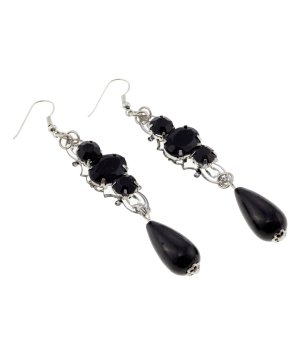 Дълги сребристи обеци с черни камъни снимка