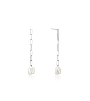 Дълги висящи сребристи обеци с перли снимка