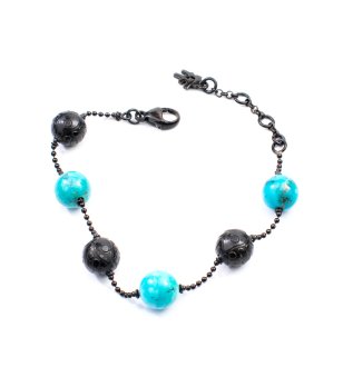 Гривна с кръгли мъниста в черно и тюркоаз снимка