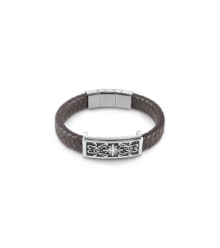 Мъжка гривна в тъмнокафяво и сребристо с плочка снимка