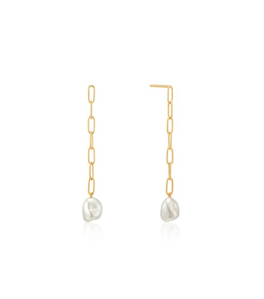 Дълги висящи златисти обеци с перли снимка