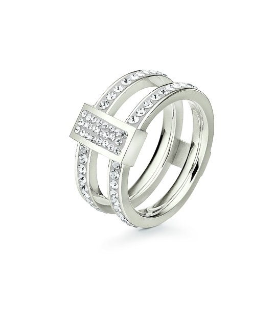 Двоен дамски сребрист пръстен с кристали размер 52 снимка