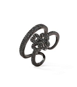 Дамски пръстен в черно с детелина и кристали размер 52 снимка