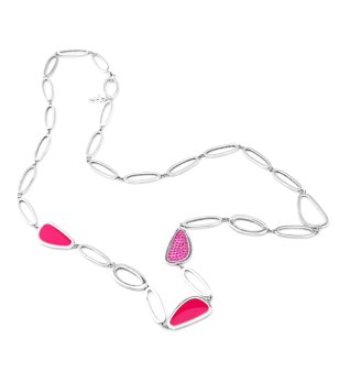 Дамско сребристо  колие с елементи в циклама снимка