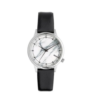 Дамски кварцов часовник в сребристо с черна кожена каишка снимка