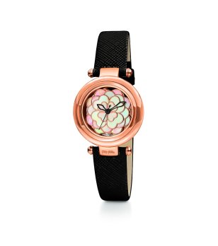 Дамски розовозлатист  часовник с черна кожена каишка снимка