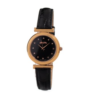 Дамски златист часовник с черна кожена каишка снимка