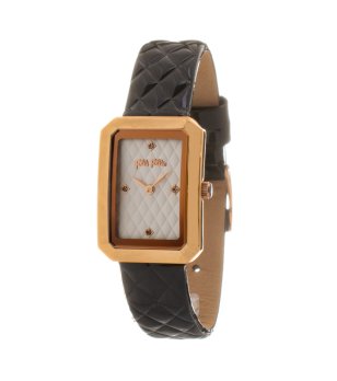 Дамски правоъгълен златист часовник с черна релефна каишка снимка