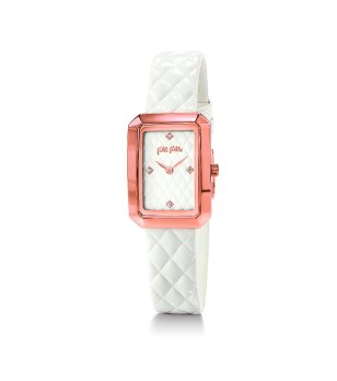 Дамски розов часовник с правоъгълна форма и бяла каишка снимка