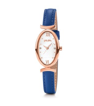 Дамски овален розовозлатист часовник със синя кожена каишка снимка