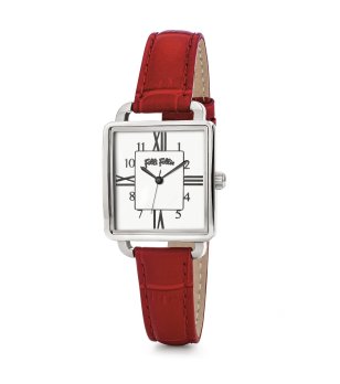 Дамски сребрист часовник с червена кожена каишка снимка