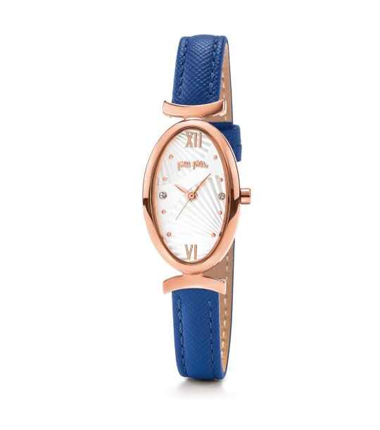 Дамски овален розовозлатист часовник със синя кожена каишка снимка
