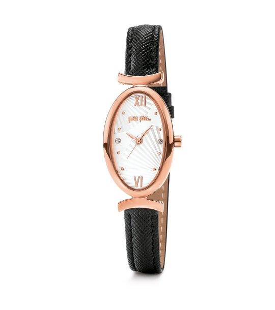 Женски овален часовник в розовозлатисто с черна кожена каишка снимка