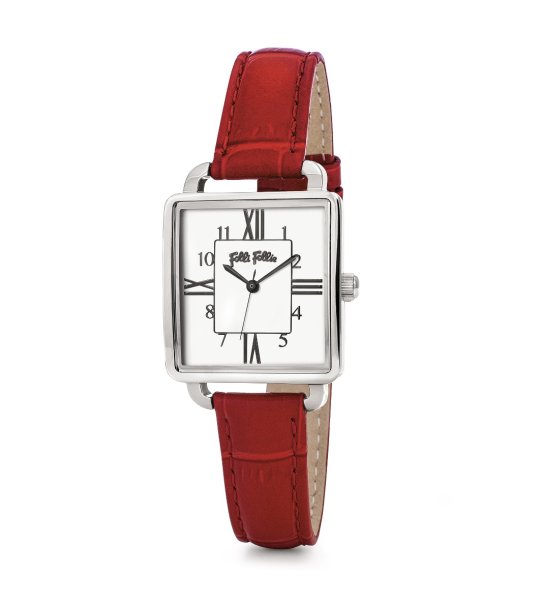 Дамски сребрист часовник с червена кожена каишка снимка