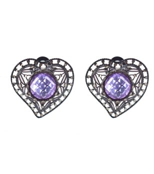 Обеци с форма на сърце и лилав камък снимка