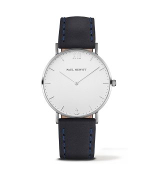 Сребрист кварцов часовник с кожена тъмносиня каишка снимка