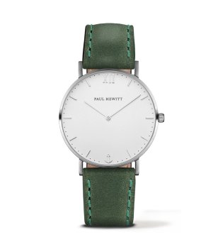Сребрист часовник с кожена каишка в зелено снимка
